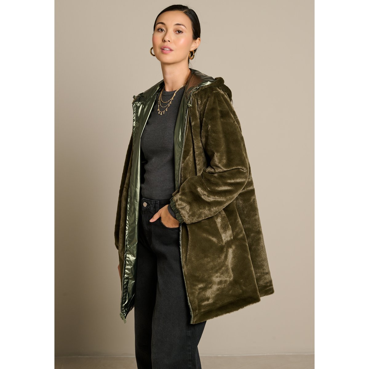 Parka réversible à capuche khaki, LOLALIZA