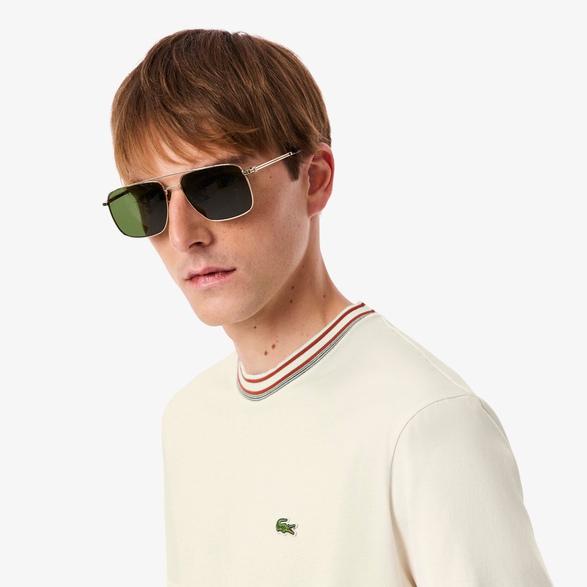 T-shirt fabriqué en France col rayé beige-xfj, LACOSTE