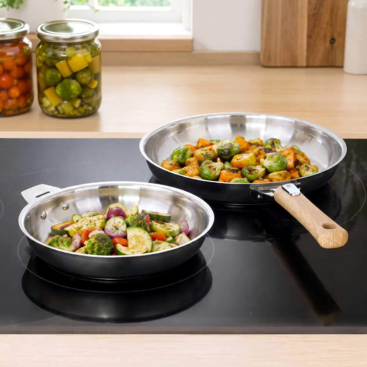 Série de 2 poêles 20/24 cm inox et poignée bois clair - inox, CUISINOX
