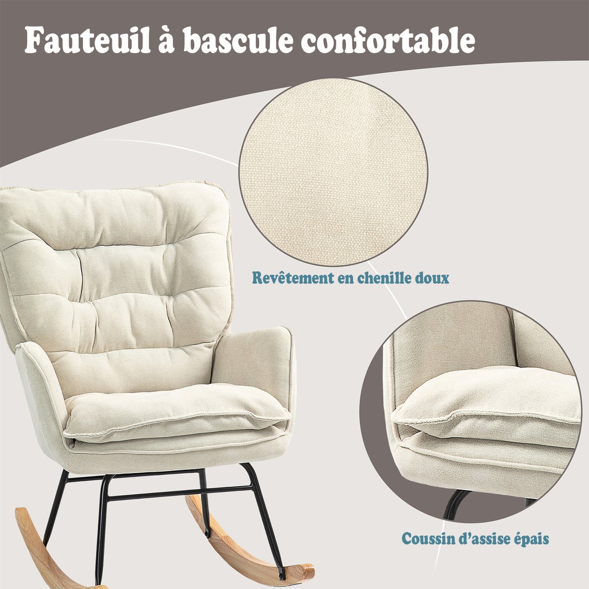 Fauteuil à bascule tissu chenille style scandinave, NEWFUNKELC beige, MEUBLES COSY