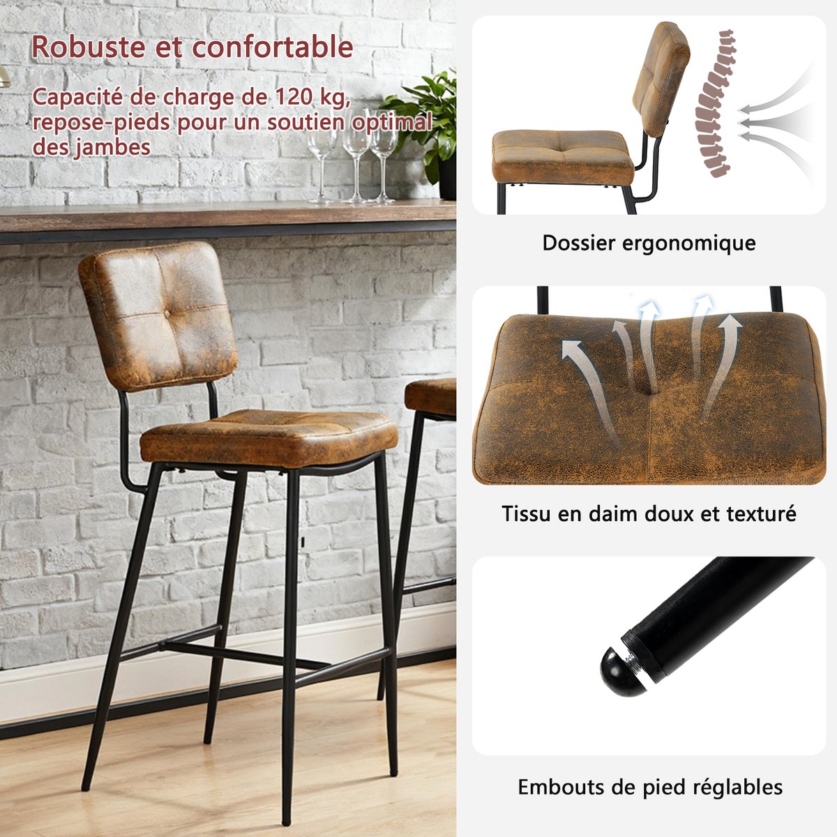 Lot de 6 tabouret de bar rétro vintage, INDEPENDENCE marron, MEUBLES COSY