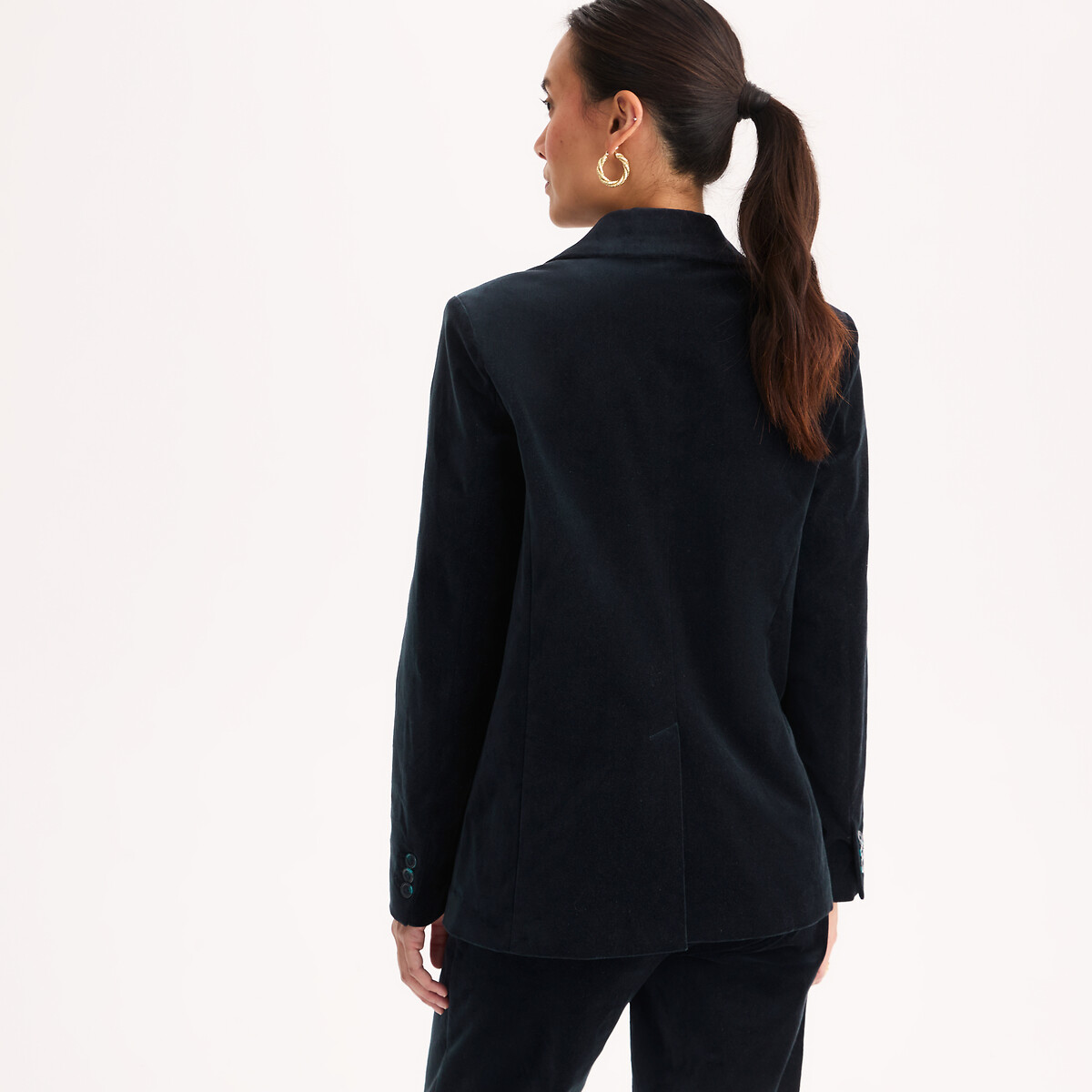 Blazer en velours lisse coupe droite bleu marine, ANNE WEYBURN