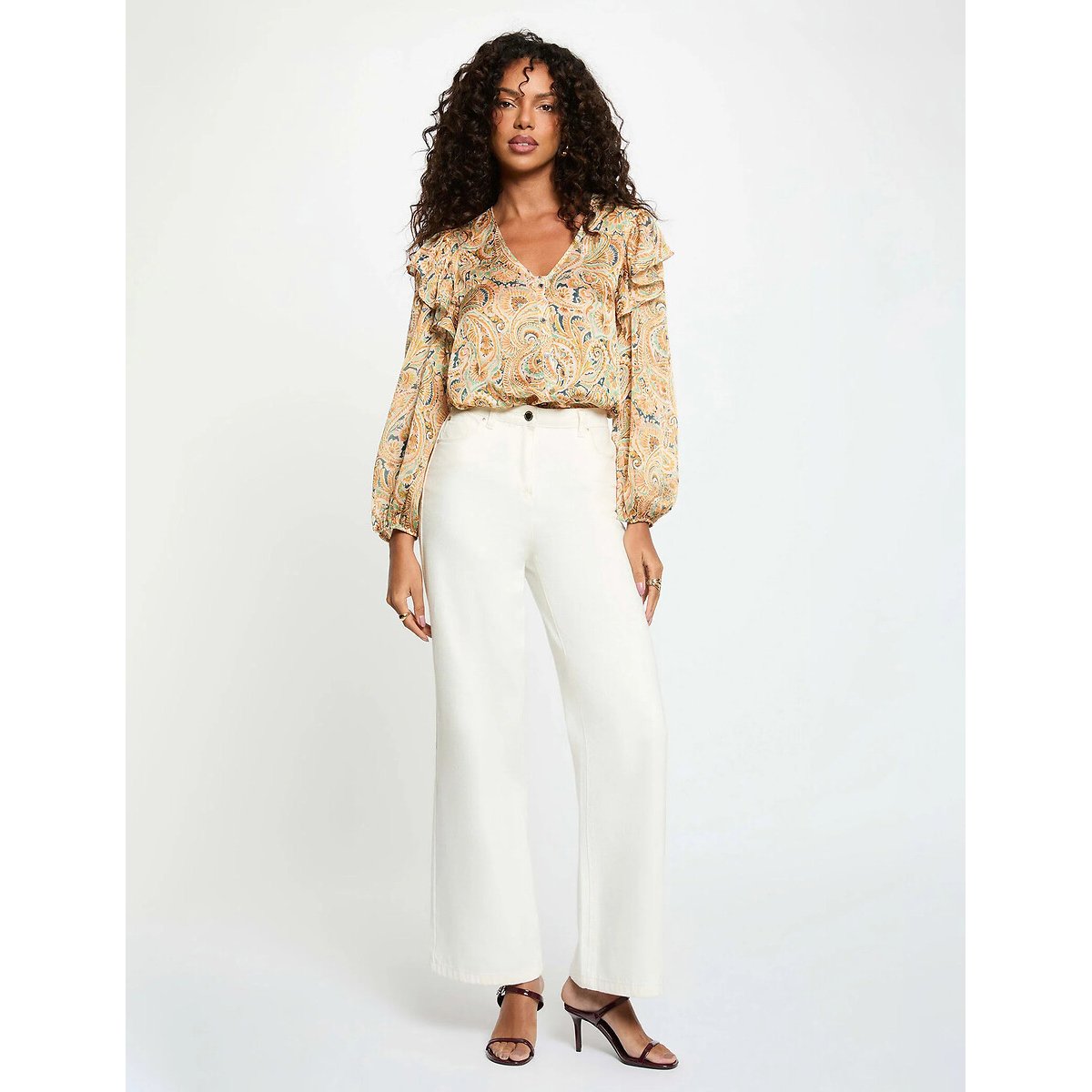 Blouse imprimée col v volanté imprimé jaune, MORGAN