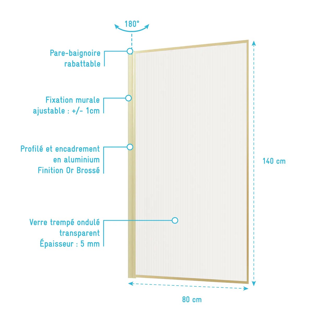 Paroi de douche en verre cannelé doré brossé doré, HOME MAISON