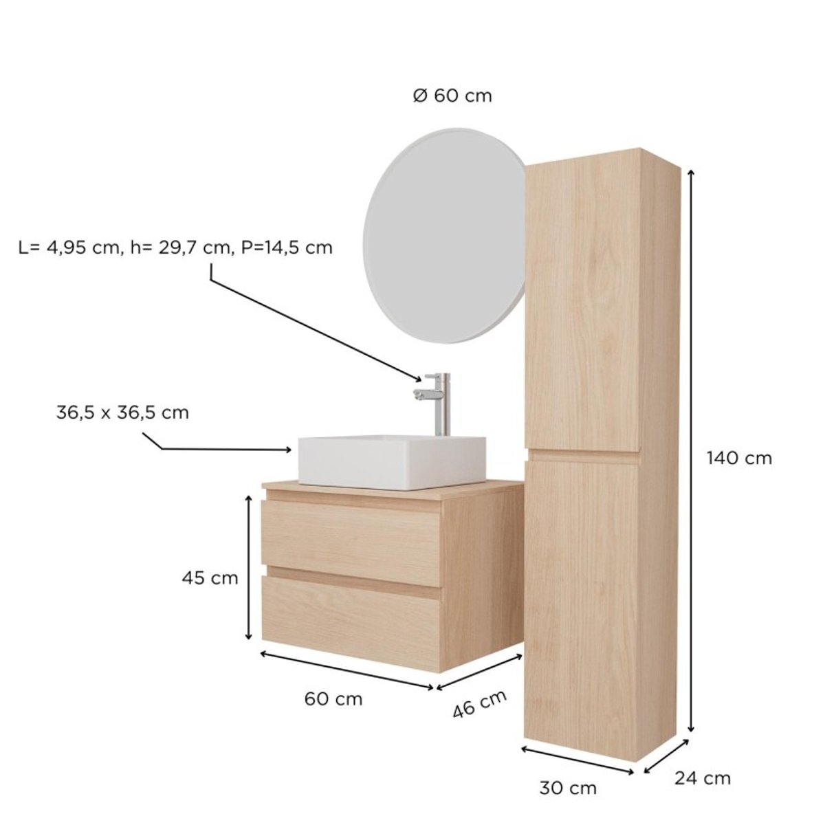 Ensemble meuble simple vasque 60 cm + vasque + robinet + miroir + colonne SORRENTO chêne, MOB IN