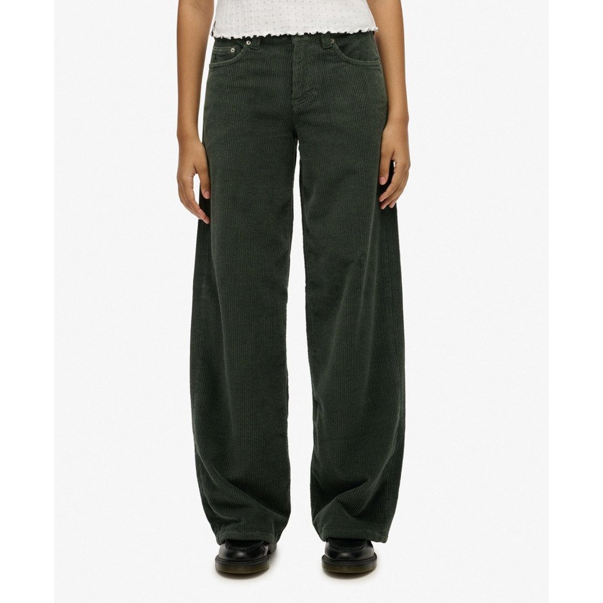 Pantalon en Velours Côtelé Large Taille Moyenne vert forêt profond, SUPERDRY