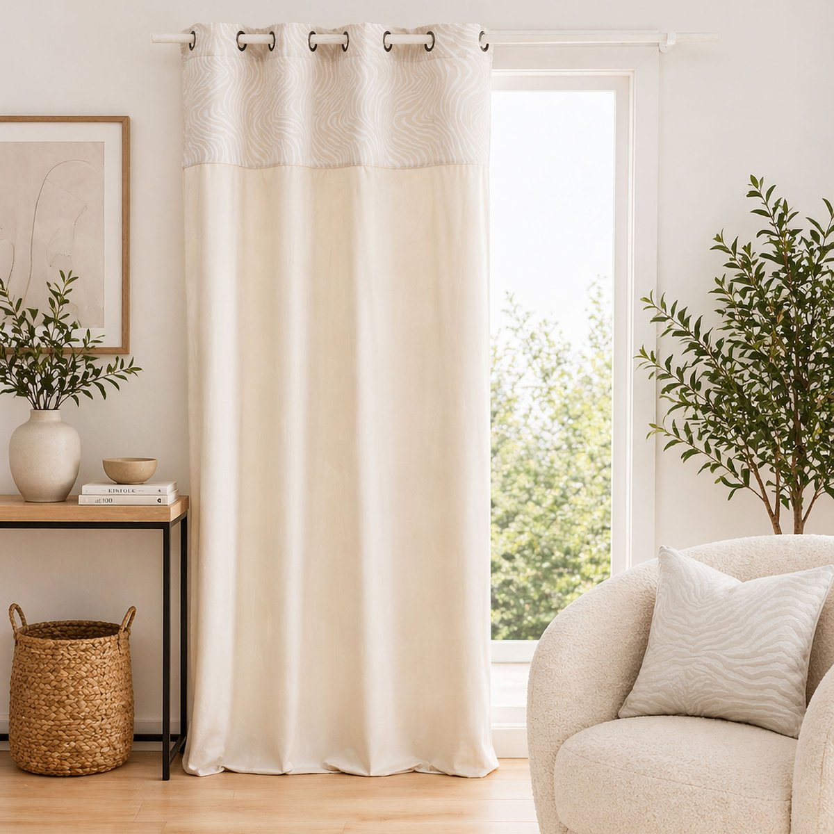 Rideau tamisant à œillets en velours avec bandeau jacquard zébré naturel, DOUCEUR D'INTÉRIEUR