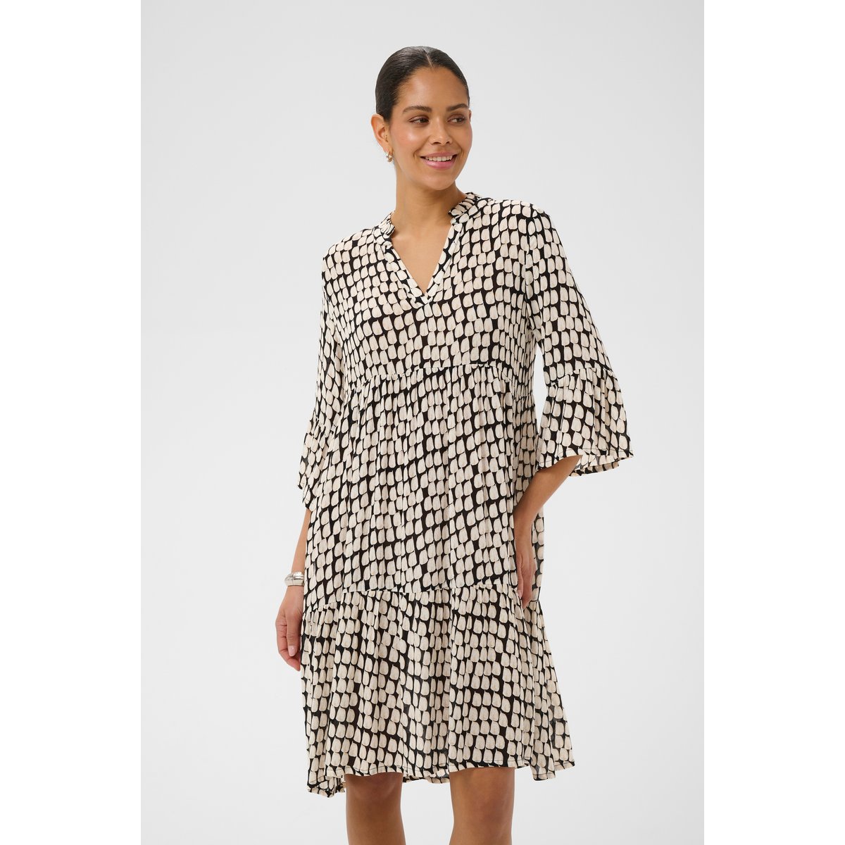 Robe noir beige graphique a pois, KAFFE