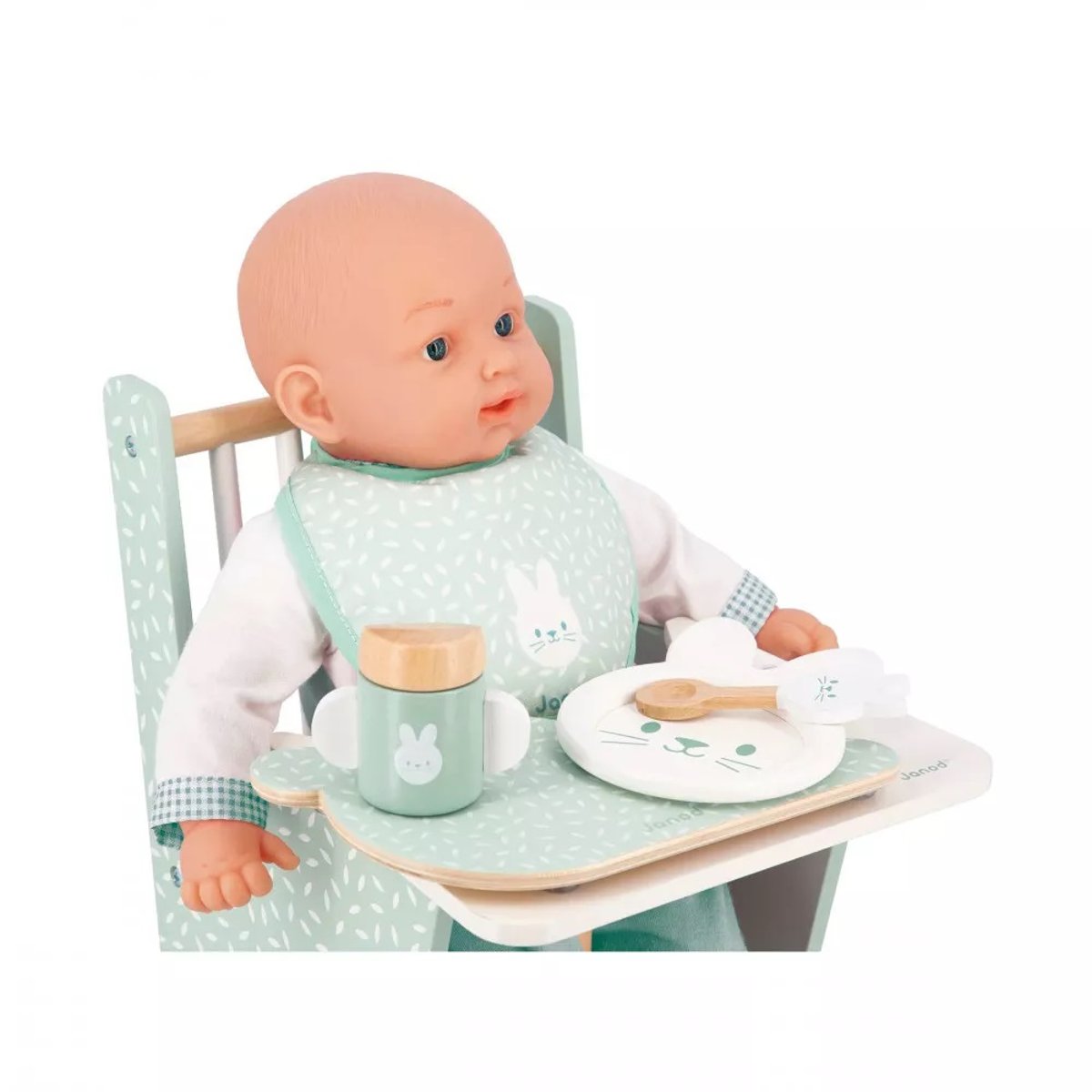 Set repas Zen en bois pour poupon vert d'eau, blanc, bois, JANOD