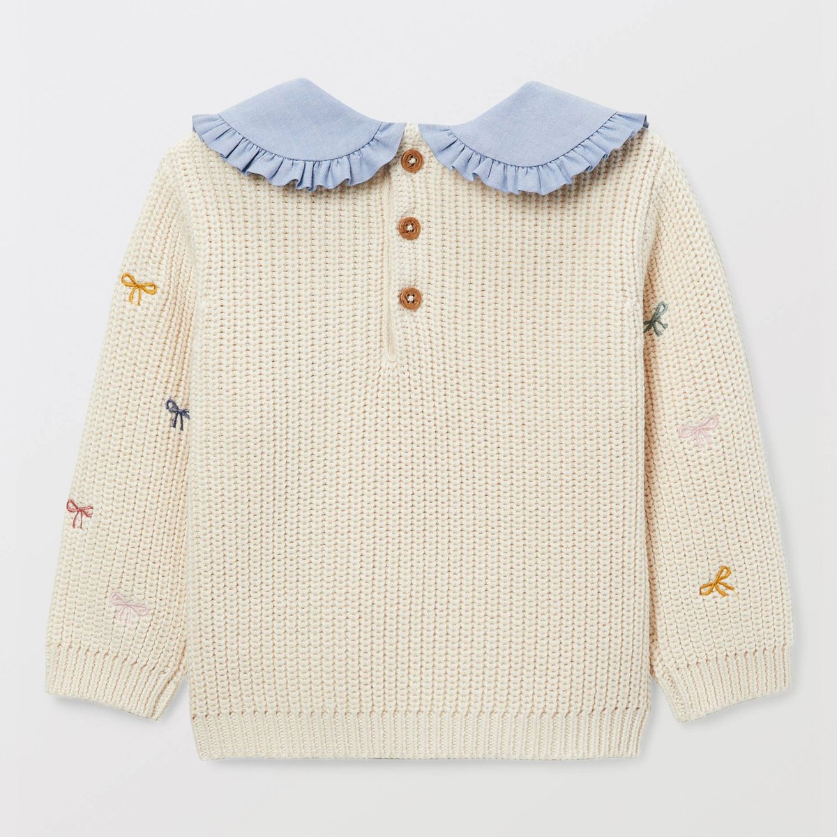 Pull brodé à col chambray en coton naturel, BOUT'CHOU