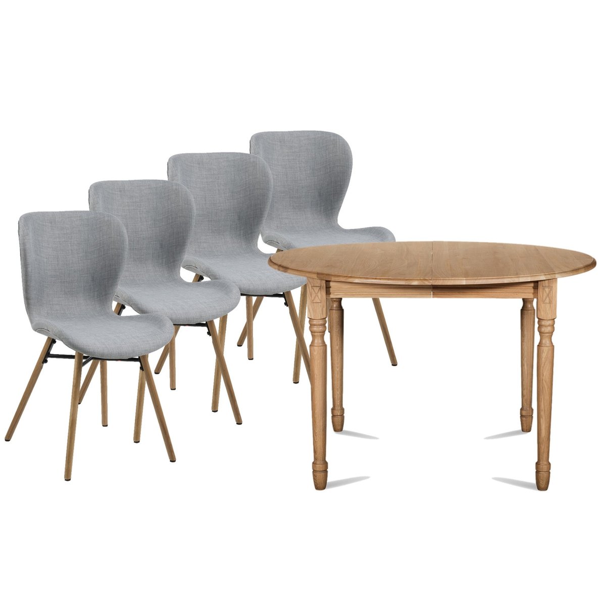 Table ronde extensible pieds tournés D105 + 4 chaises tissu - VICTORIA gris clair, HELLIN, DEPUIS 1862
