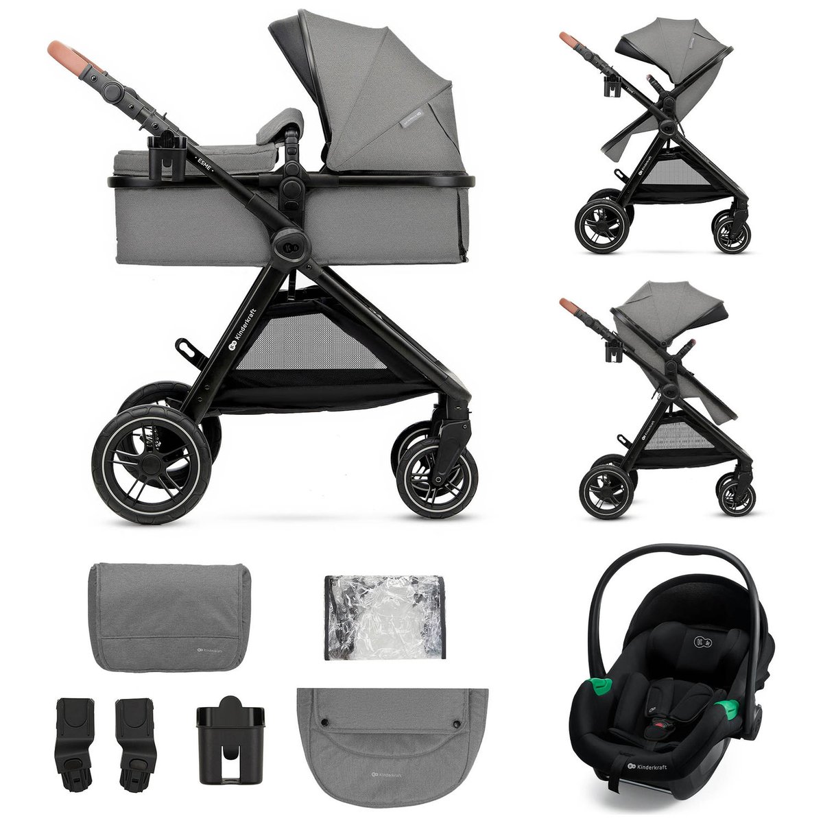 Poussette Esme Pro 3 en 1 gris, noir, KINDERKRAFT