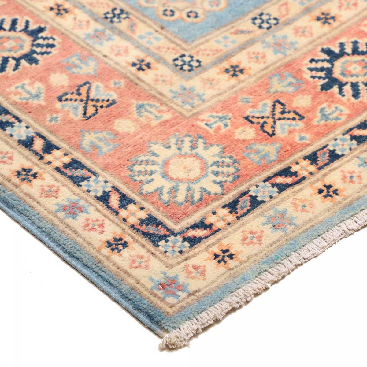 Tapis salon géométrique, artisanal noué main en laine naturelle bleu, beige, rose, UN AMOUR DE TAPIS