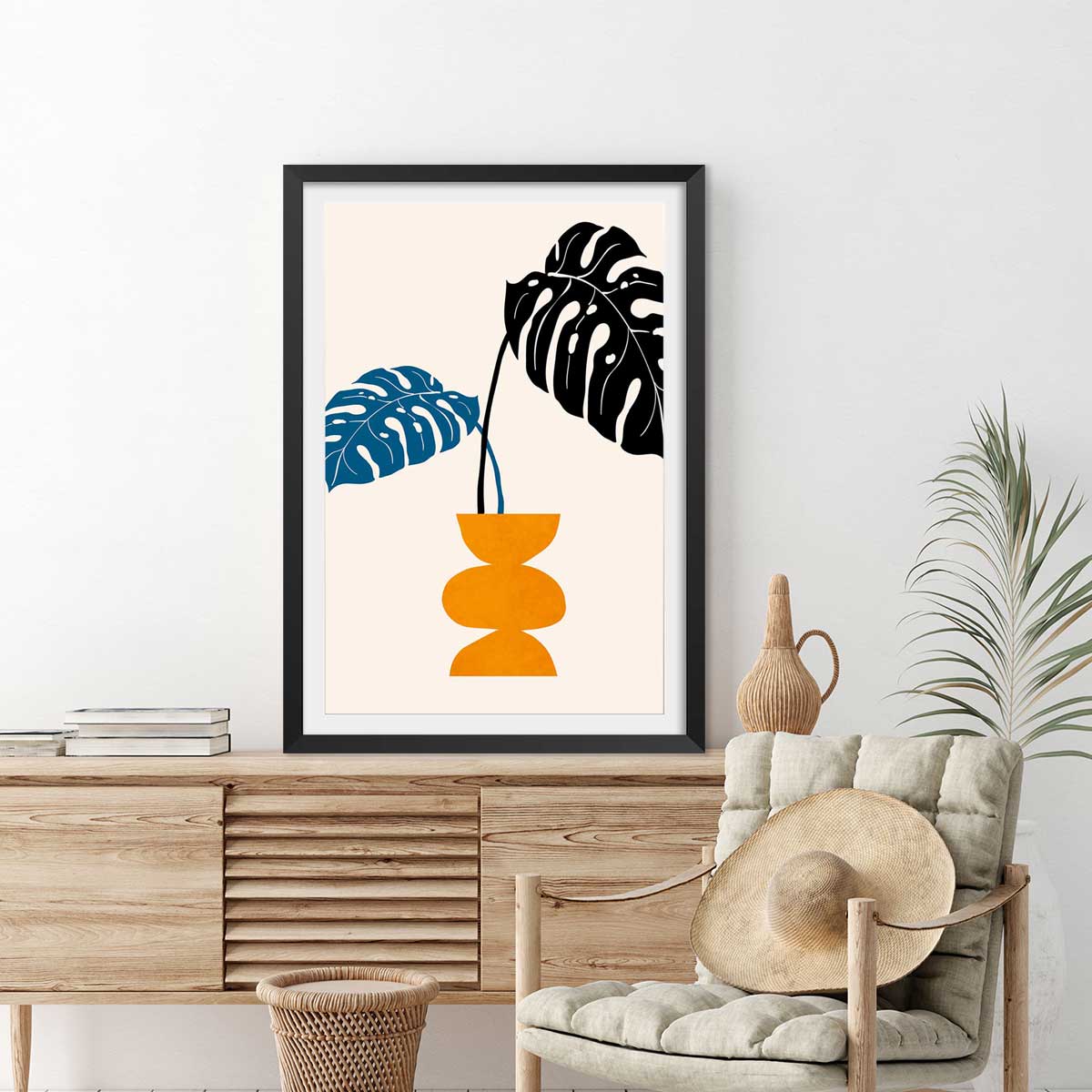 Affiche graphique ""plante en pot"" affiche + cadre en bois - noir, HEXOA