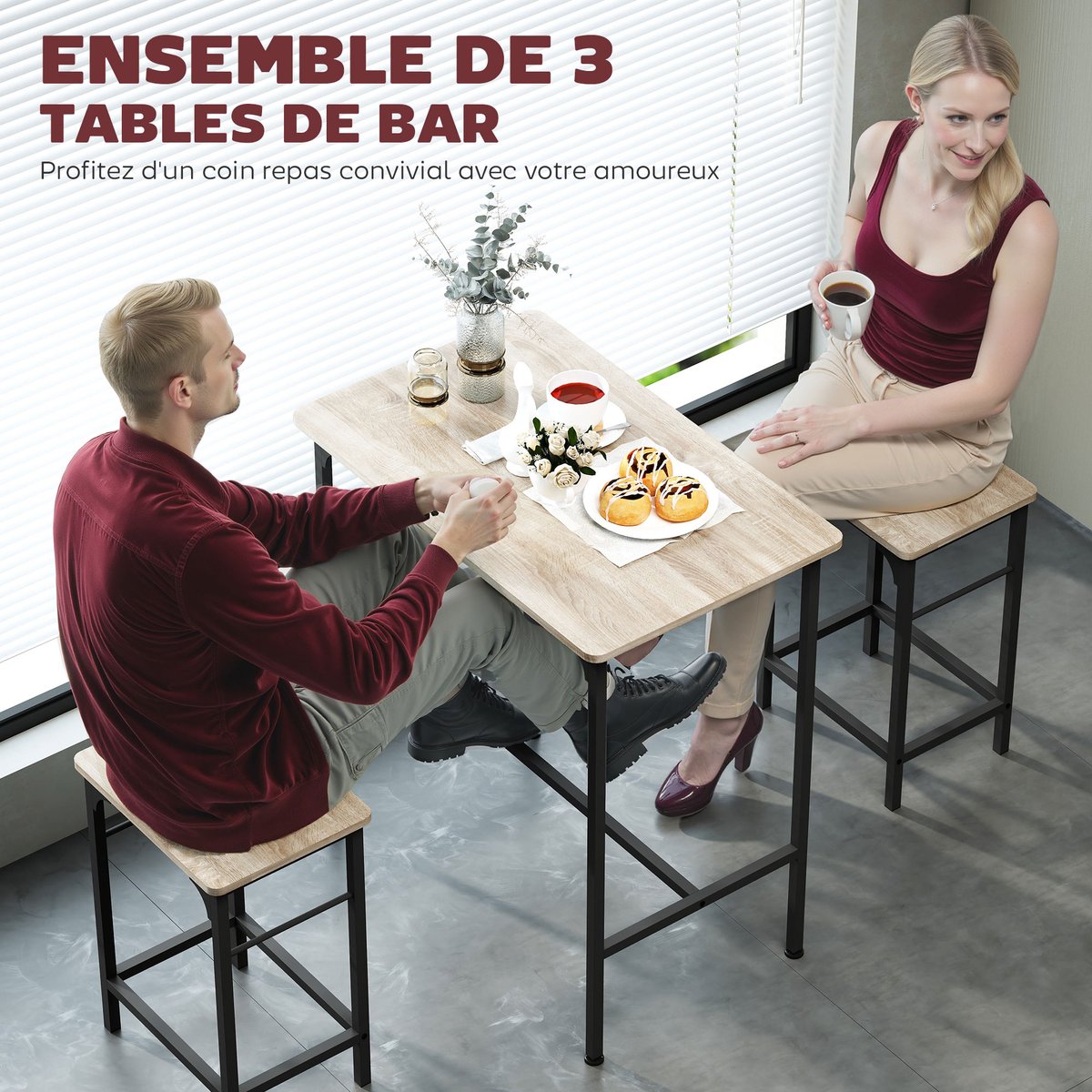 Ensemble de table de bar Panneau de bois naturel, noir, HOMCOM