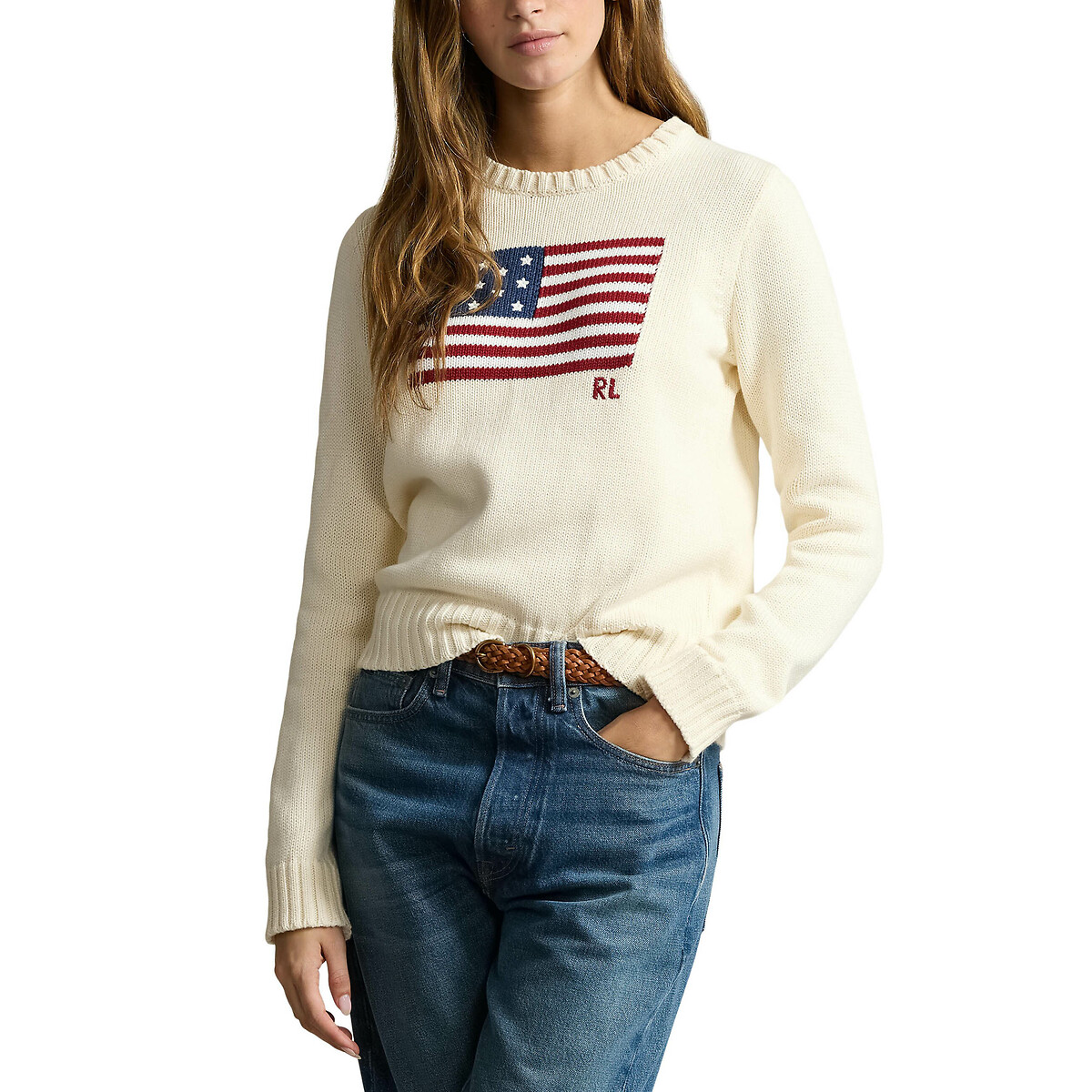 Pull col rond, motif drapeau américain crème, POLO RALPH LAUREN