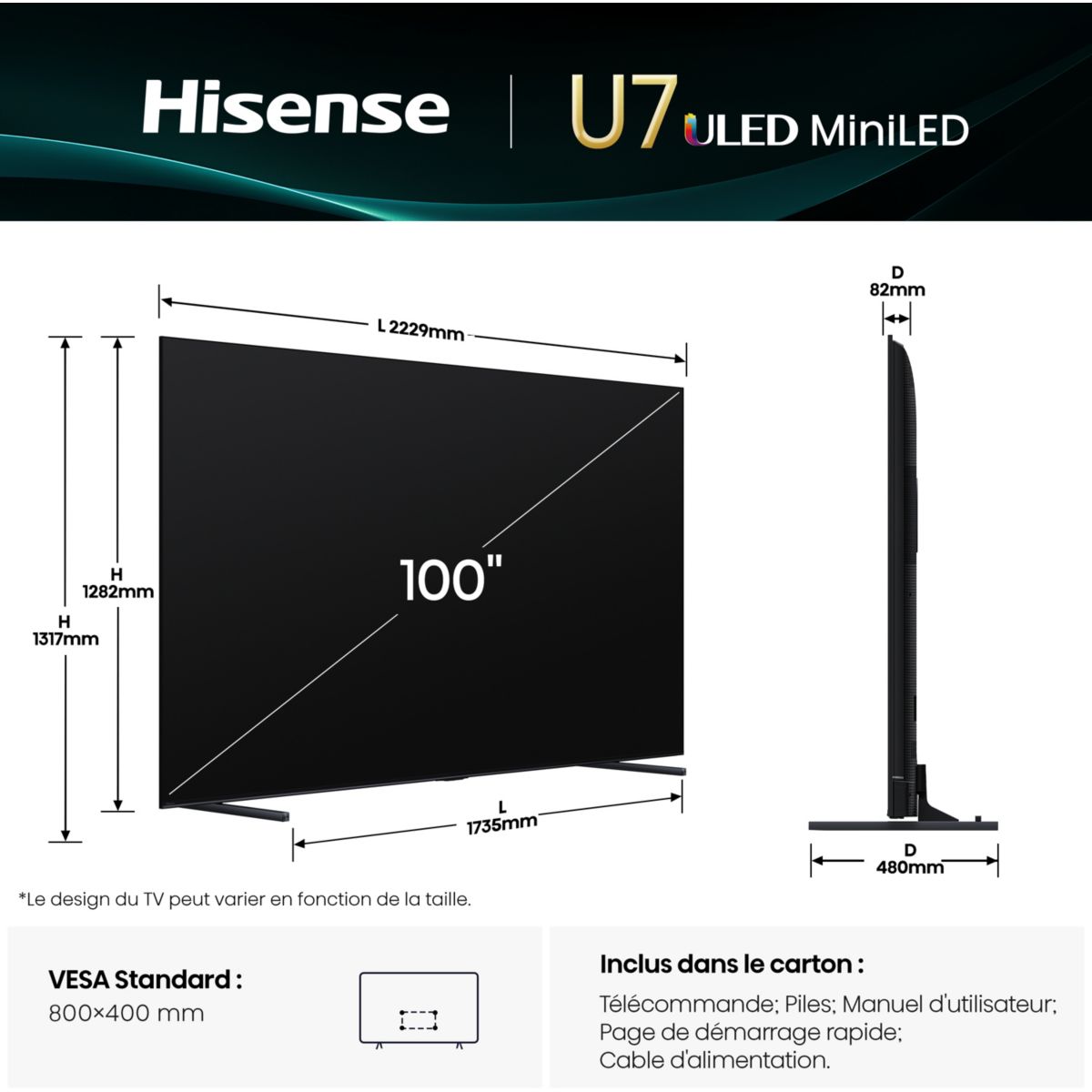 TV Mini LED 100U7Q (2025) 100" (254 cm) couleur unique, HISENSE