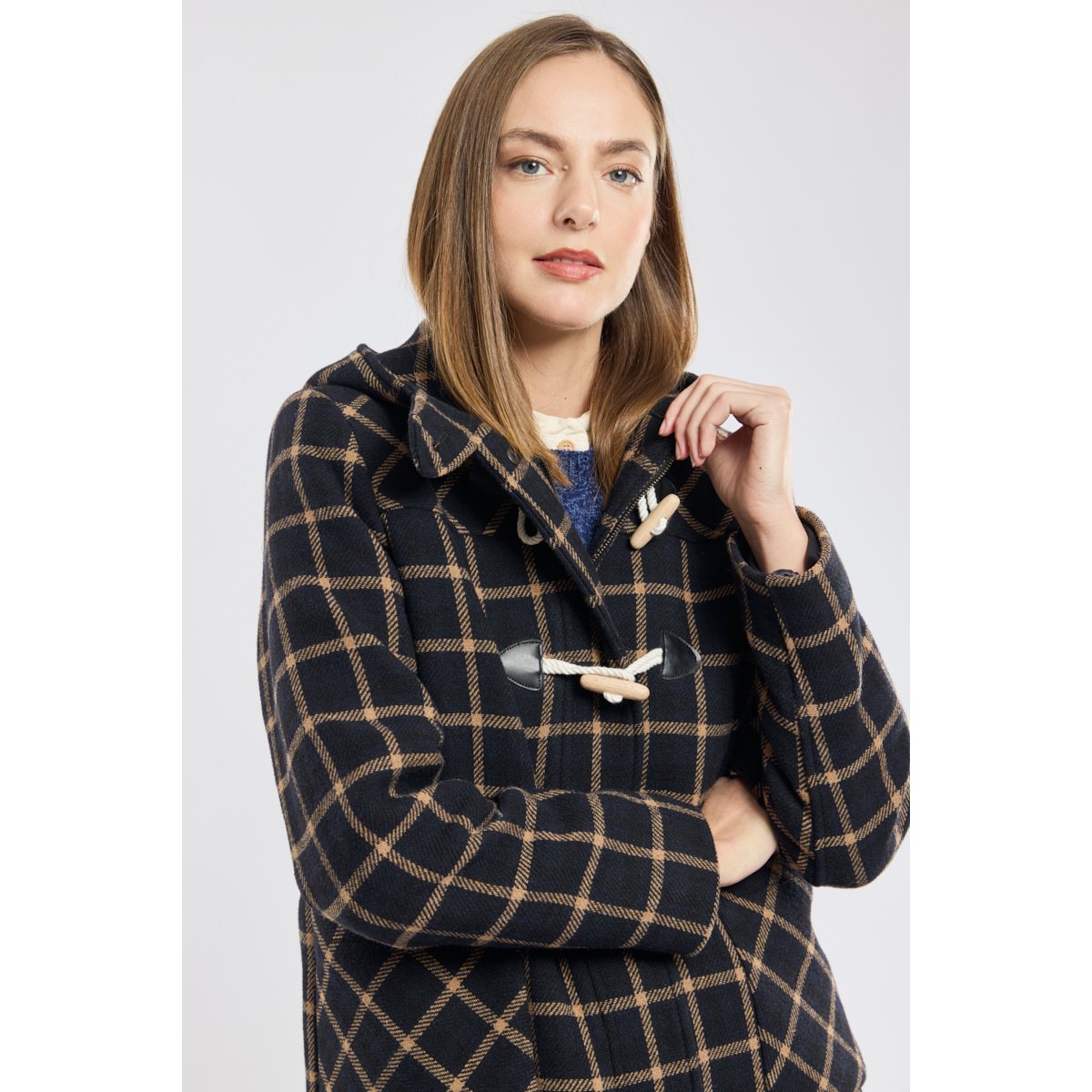 Duffle-coat à carreaux en drap de laine carreaux marine/beige, ARMOR-LUX