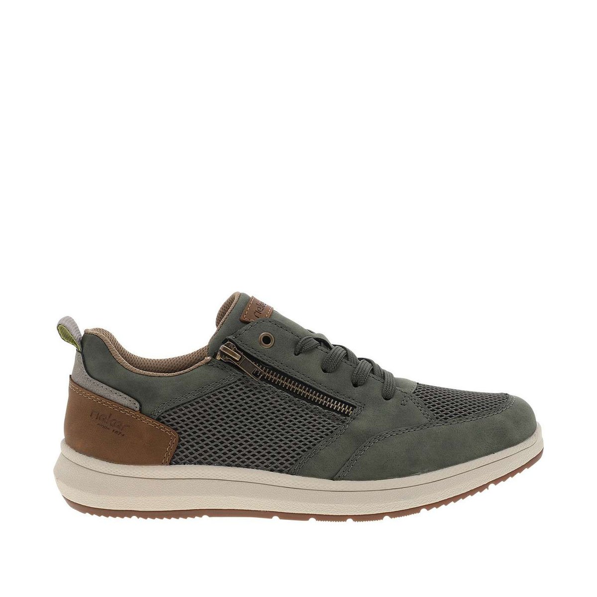 Sneakers bleu marine à talon plat avec des lacets et un zip latéral vert, RIEKER