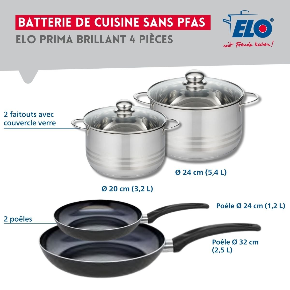 Batterie 2 poêles 24/32cm + 2 faitouts 20/24cm PRIMA BRILLANT noir, ELO