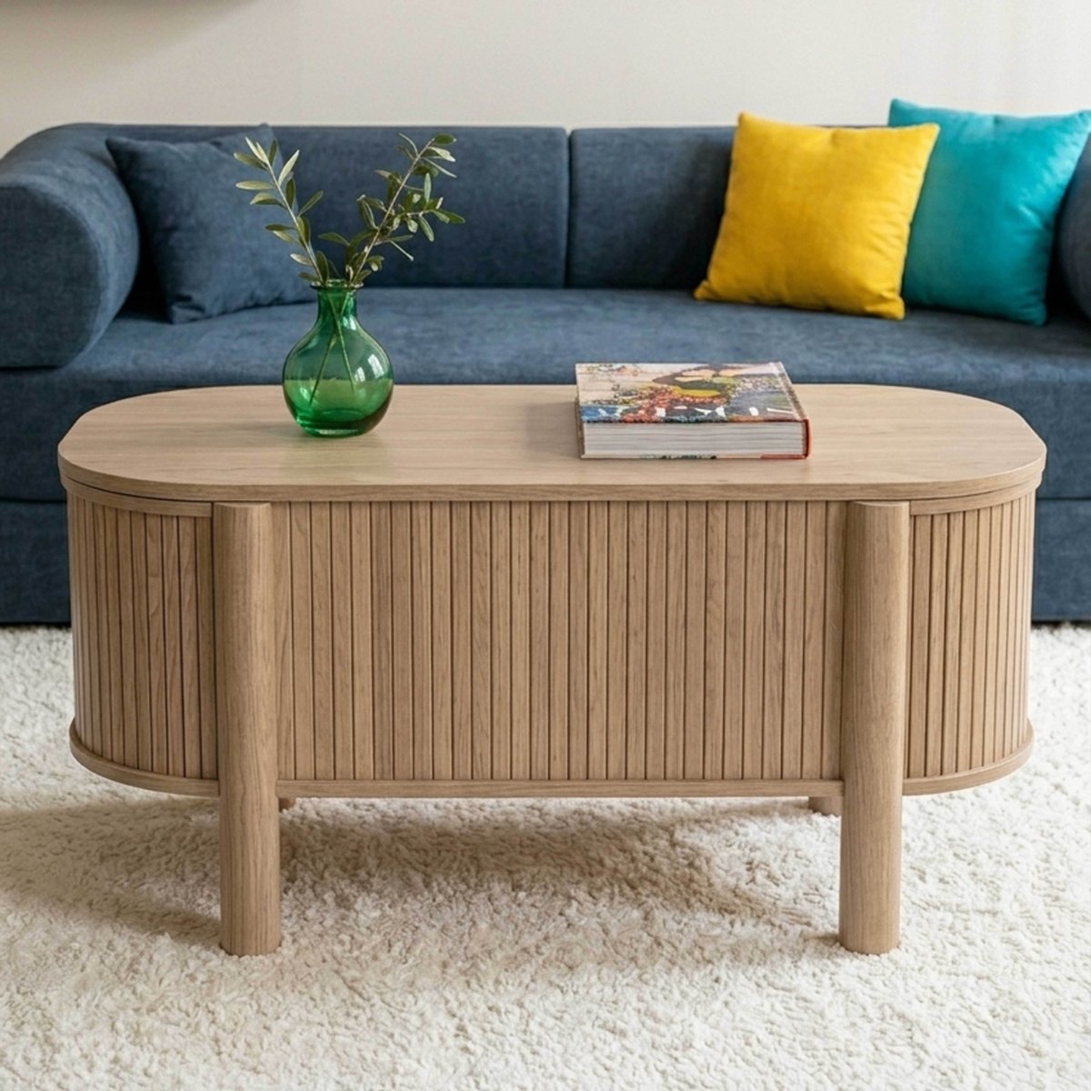 Table basse relevable effet bois ovale 100x48 cm, CLOVER bois clair, OVIALA
