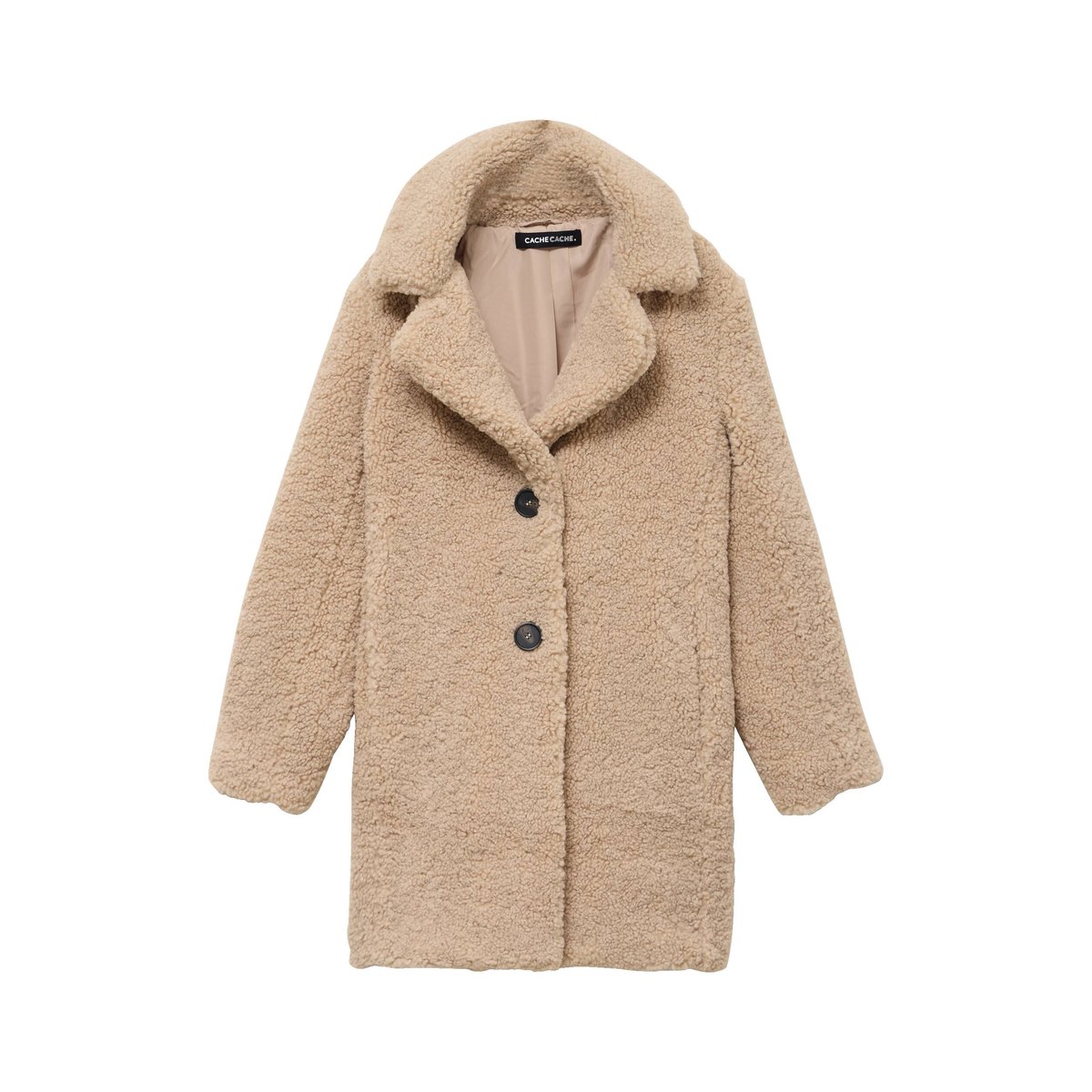 Manteau droit mi-long en bouclette beige, CACHE CACHE