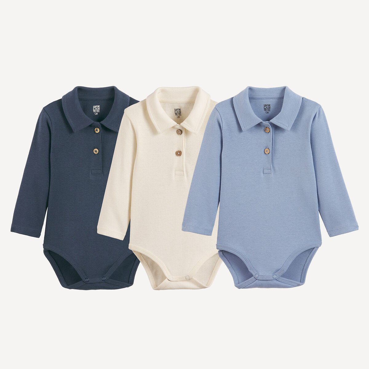 Lot de 3 bodies naissance, à manches longues et col polo boutonné marine + bleu + écru, LA REDOUTE COLLECTIONS