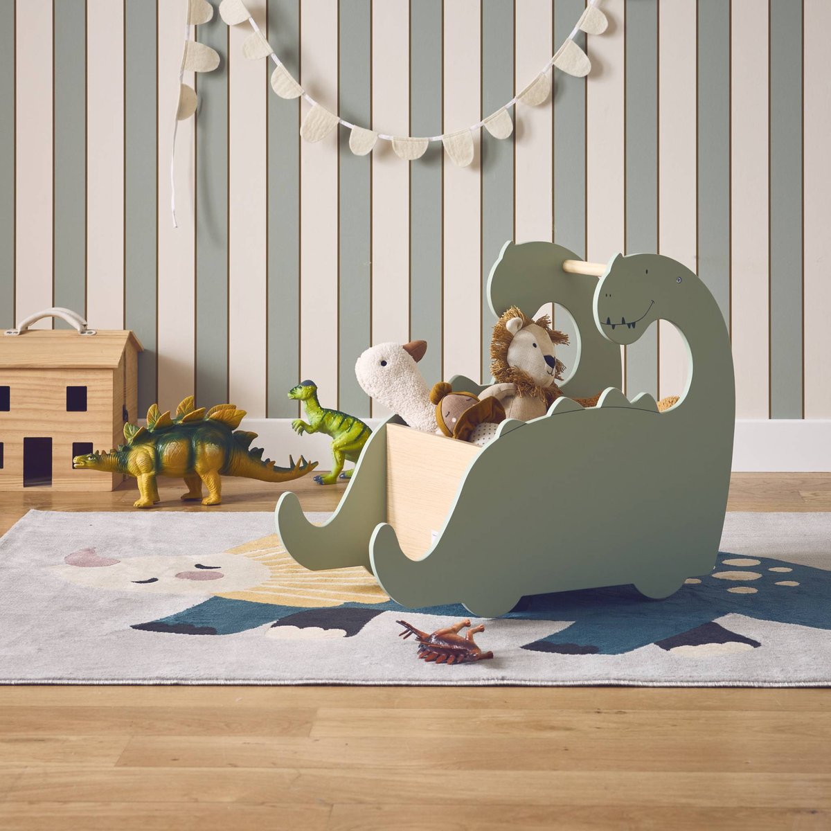 Coffre à jouets enfant avec roulettes forme dinosaure BRACHI vert, SWEEEK