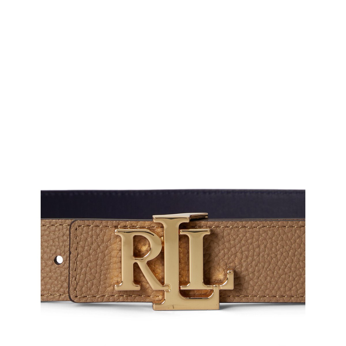 Ceinture large réversible en cuir grainé camel/marine, LAUREN RALPH LAUREN