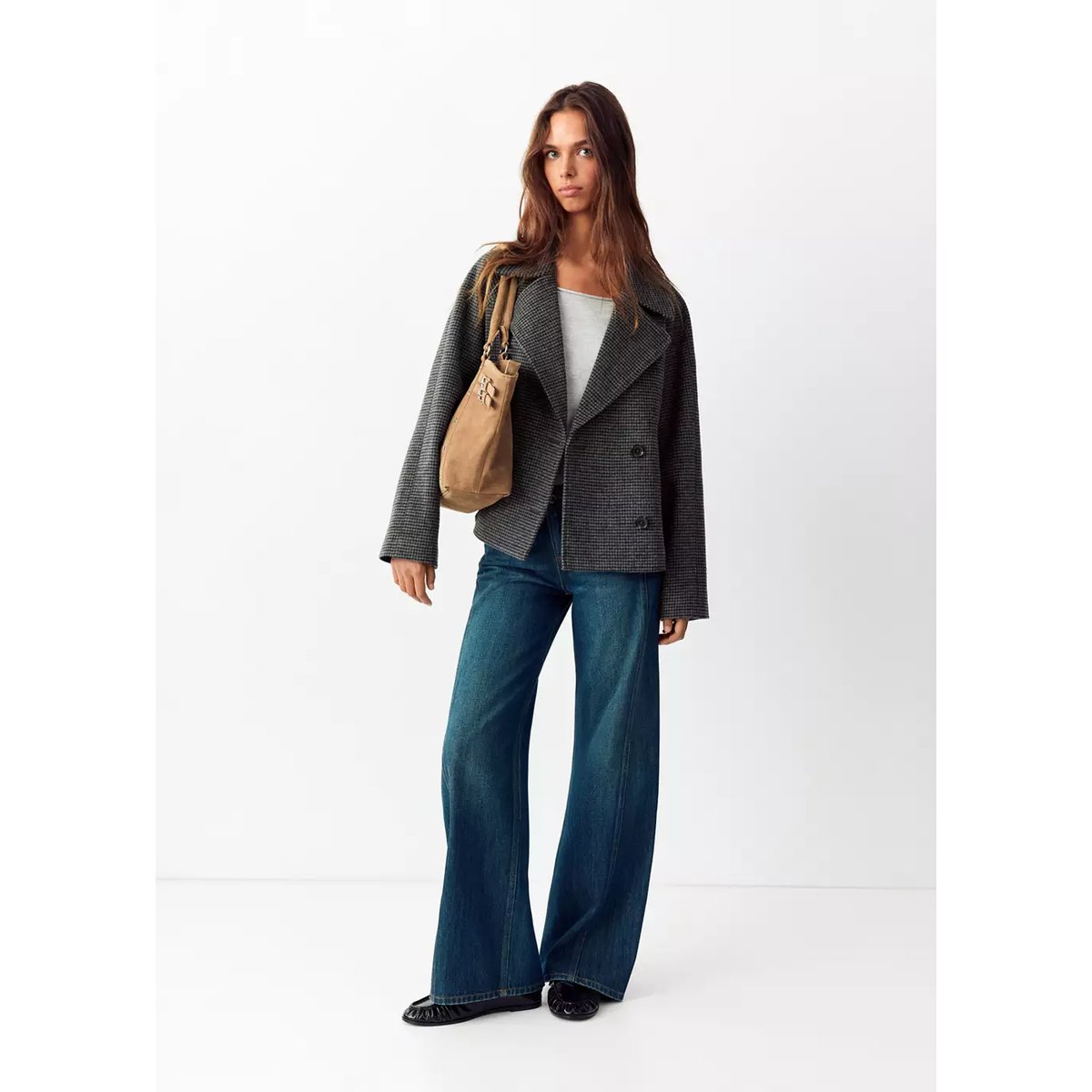 Manteau court pied-de-poule, à double boutonnage sable, MANGO TEEN