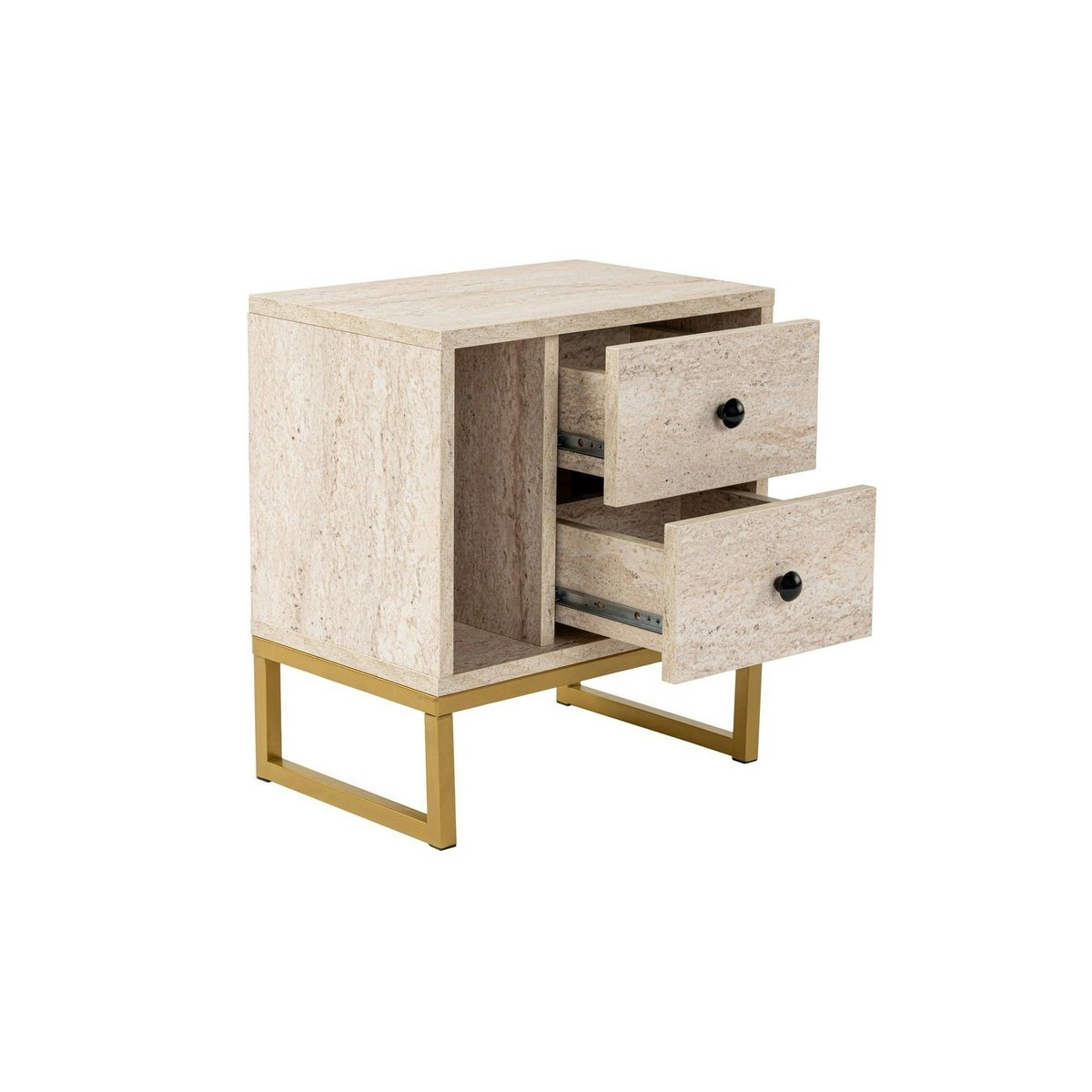 Table de chevet 2 tiroirs 1 niche MARFA travertin / doré, PIER IMPORT