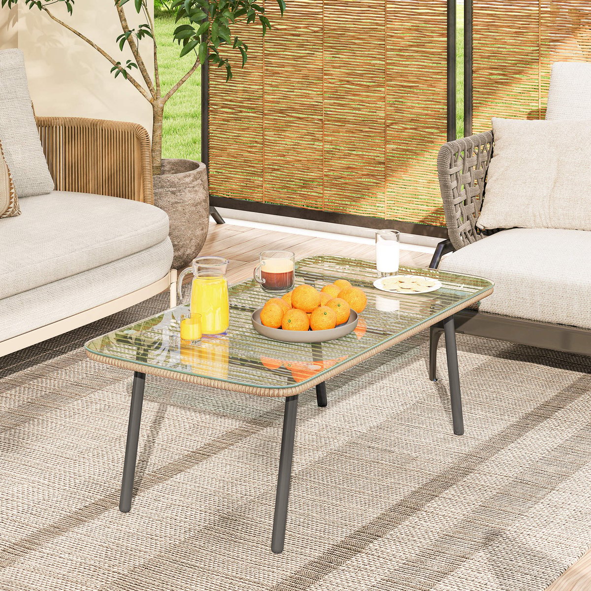 Table en rotin Résine tressée Bois naturel beige, OUTSUNNY