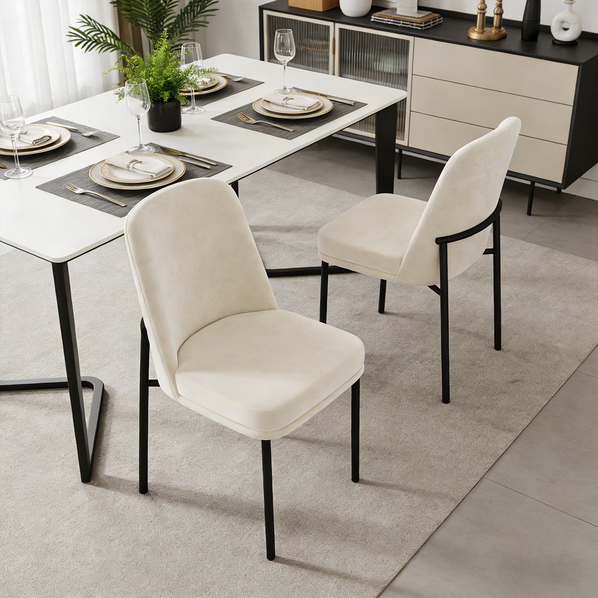 Lot de 2 chaises de salle à manger en velours avec pieds métal, DUORAUC beige, MEUBLES COSY