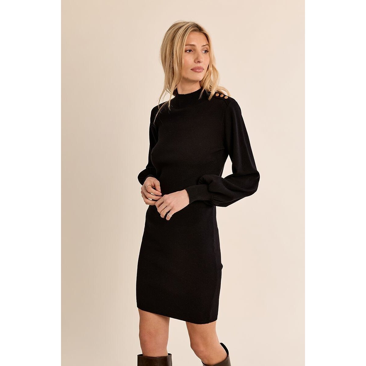 Robe pull en maille à manches ballons noir, MOLLY BRACKEN