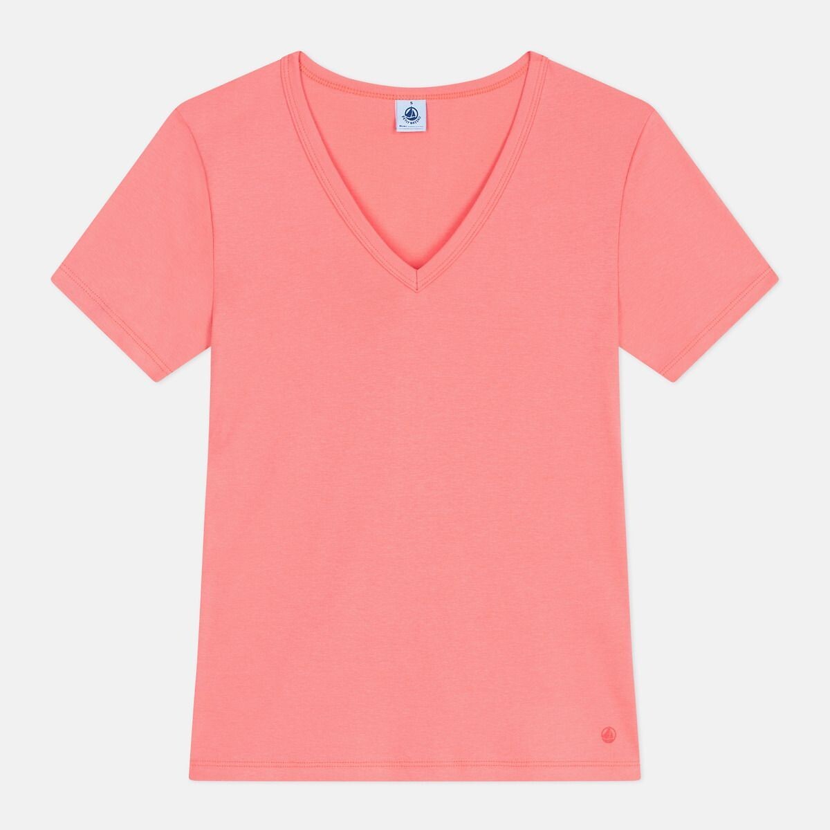 Tee shirt col v manches courtes rose corail, PETIT BATEAU