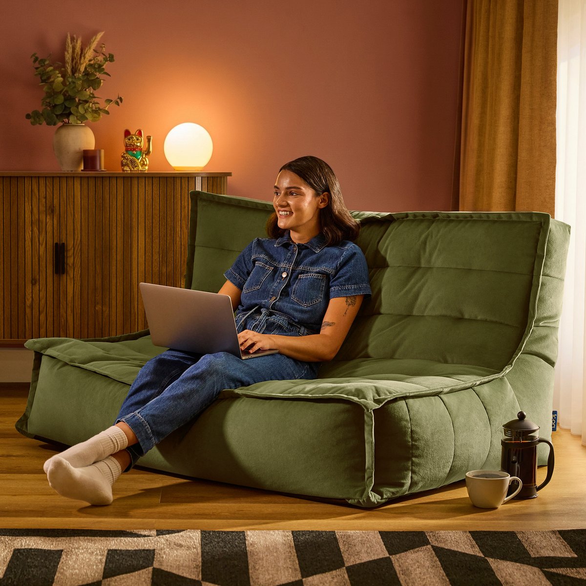 Pouf canapé de sol en velours mat Oeko-Tex® - KOTA vert olive, ICON