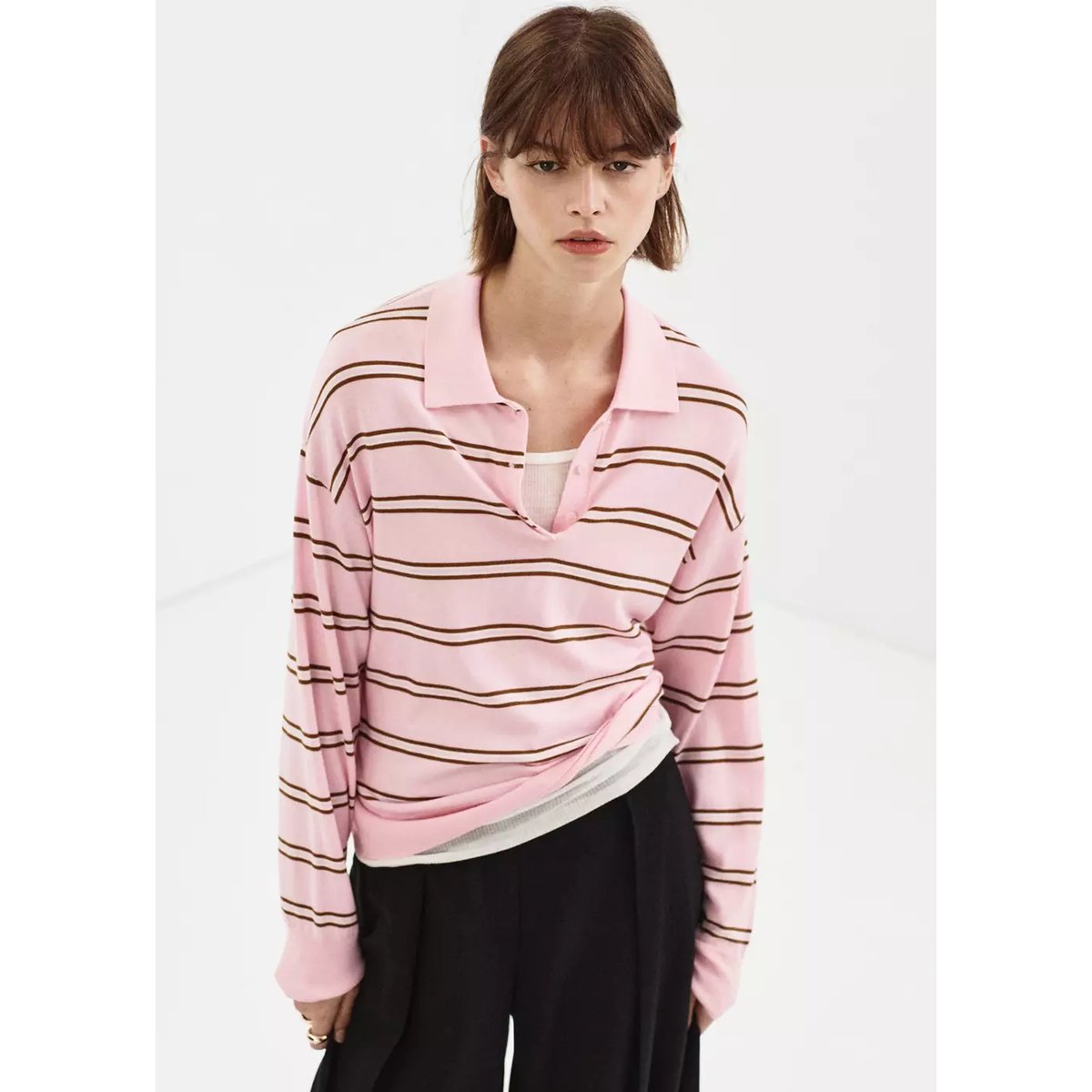 Pull-over rayures col polo rose clair, MANGO