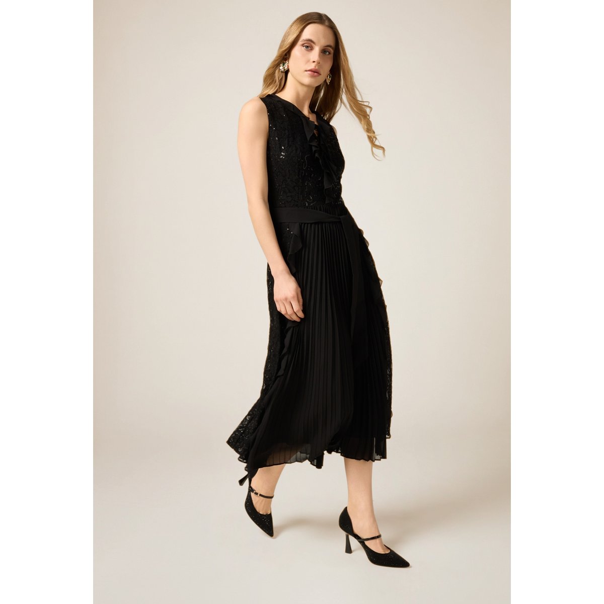 Robe midi à volants et paillettes noir, OLTRE