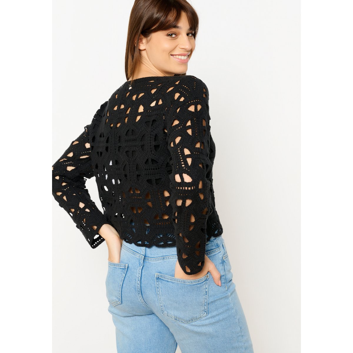 Top à manches longues en crochet noir, LOLALIZA