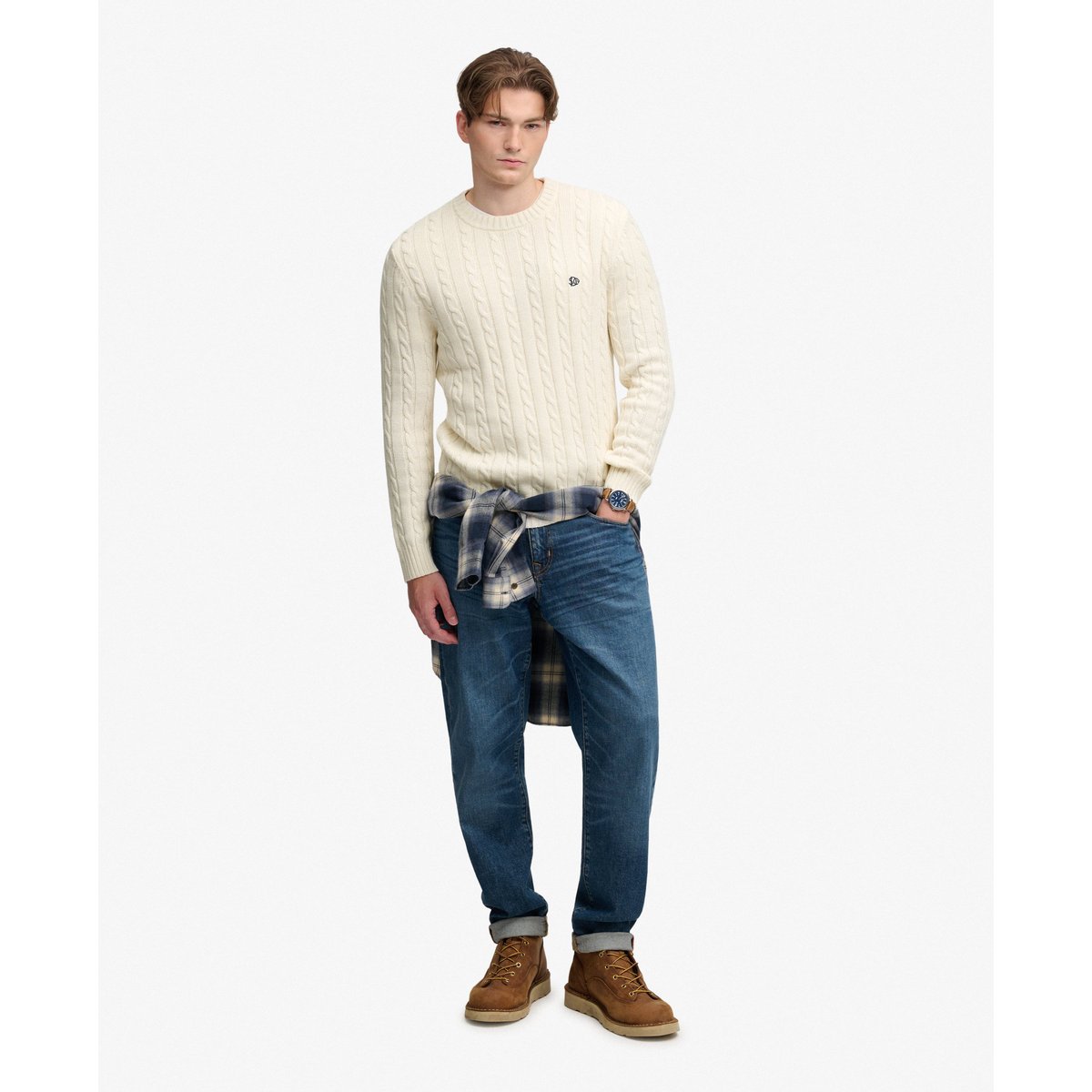 Pull Cable Knit Col Rond Coupe Décontractée écru, SUPERDRY