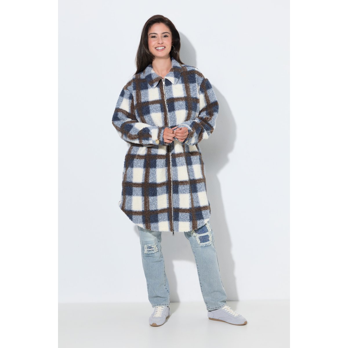Veste en polaire bouclée à carreaux blanc cassé, ULLA POPKEN