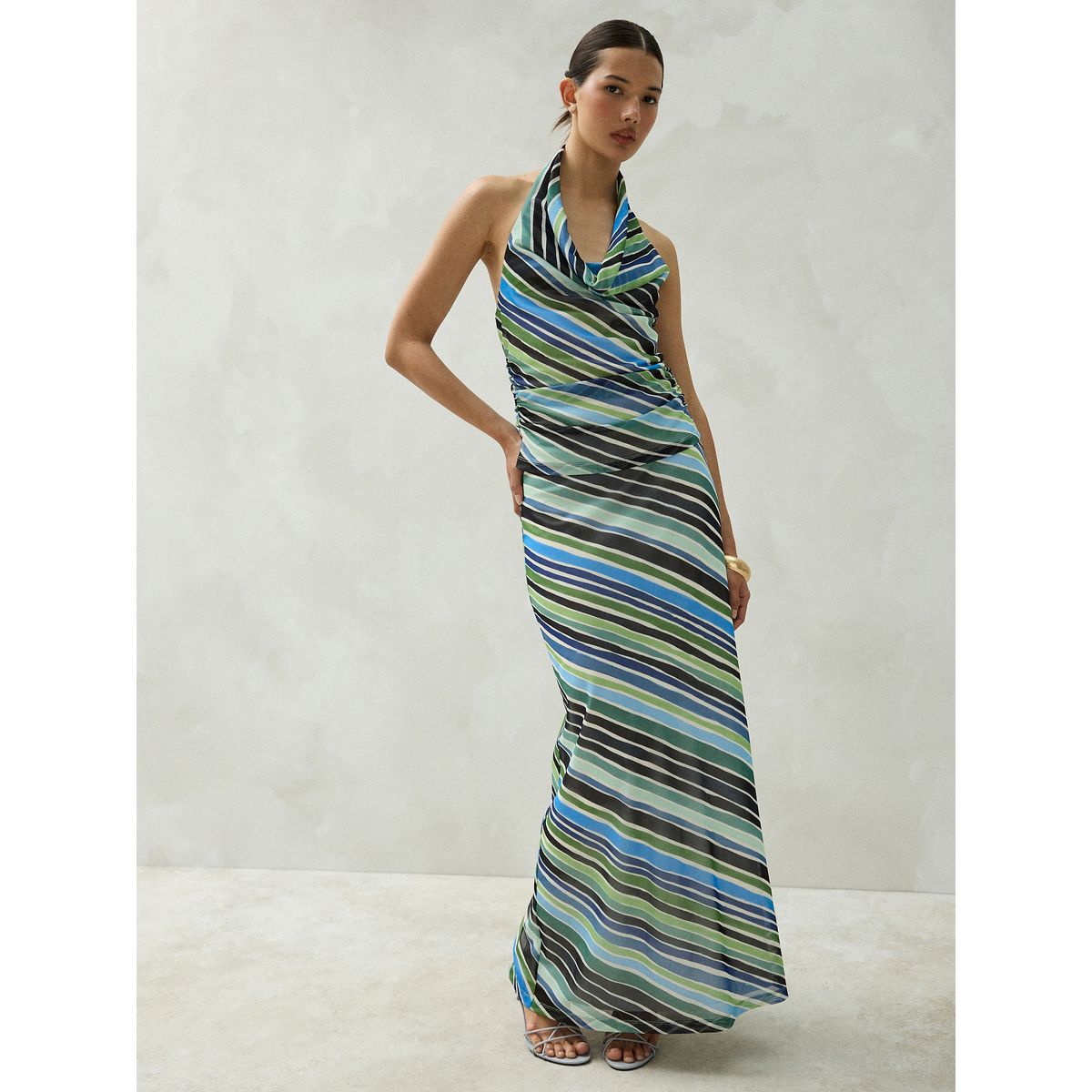 Jupe longue en tulle rayure bleu/vert, NEXT