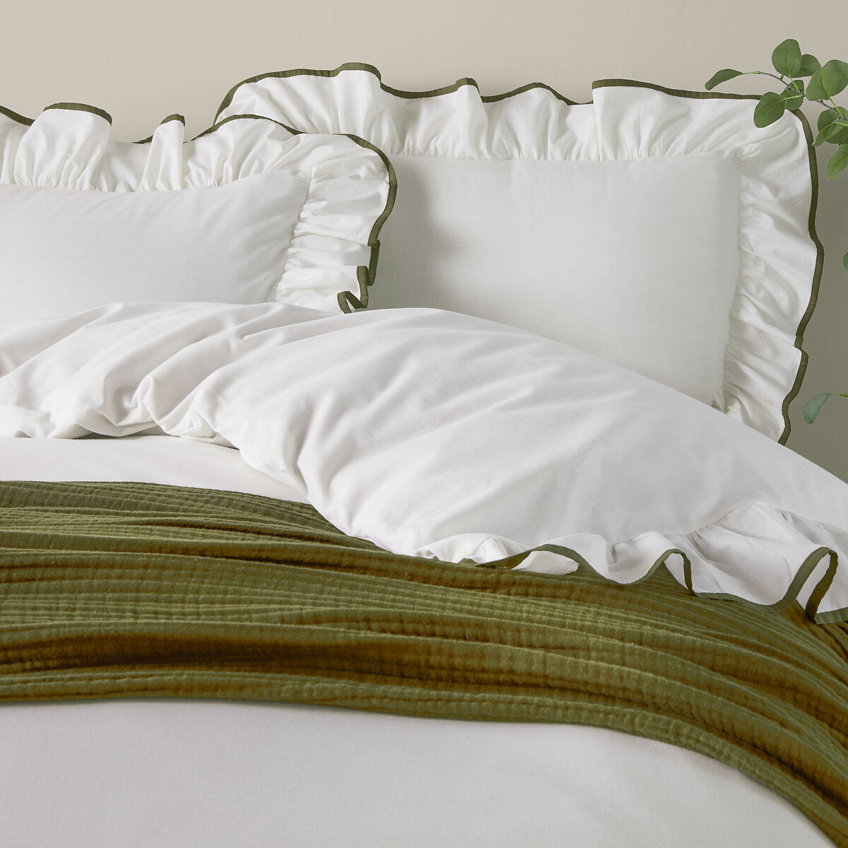Blousey Cotton Ruffle Duvet Cover and Pillowcase Set olive, WYLDER NATURE
