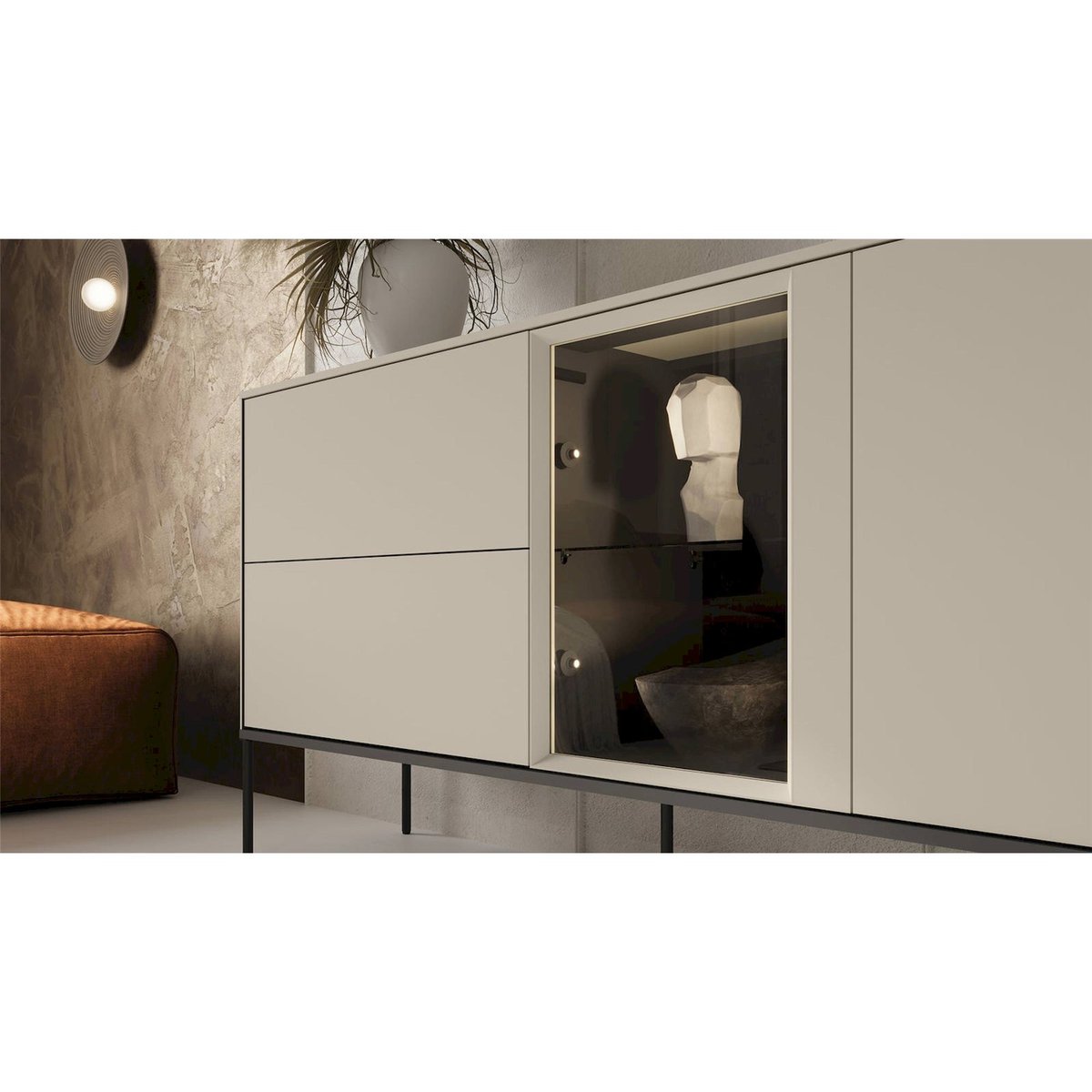Buffet bas bois collection BELLEZO vitrine LED crème mat et noir, RECOLLECTION