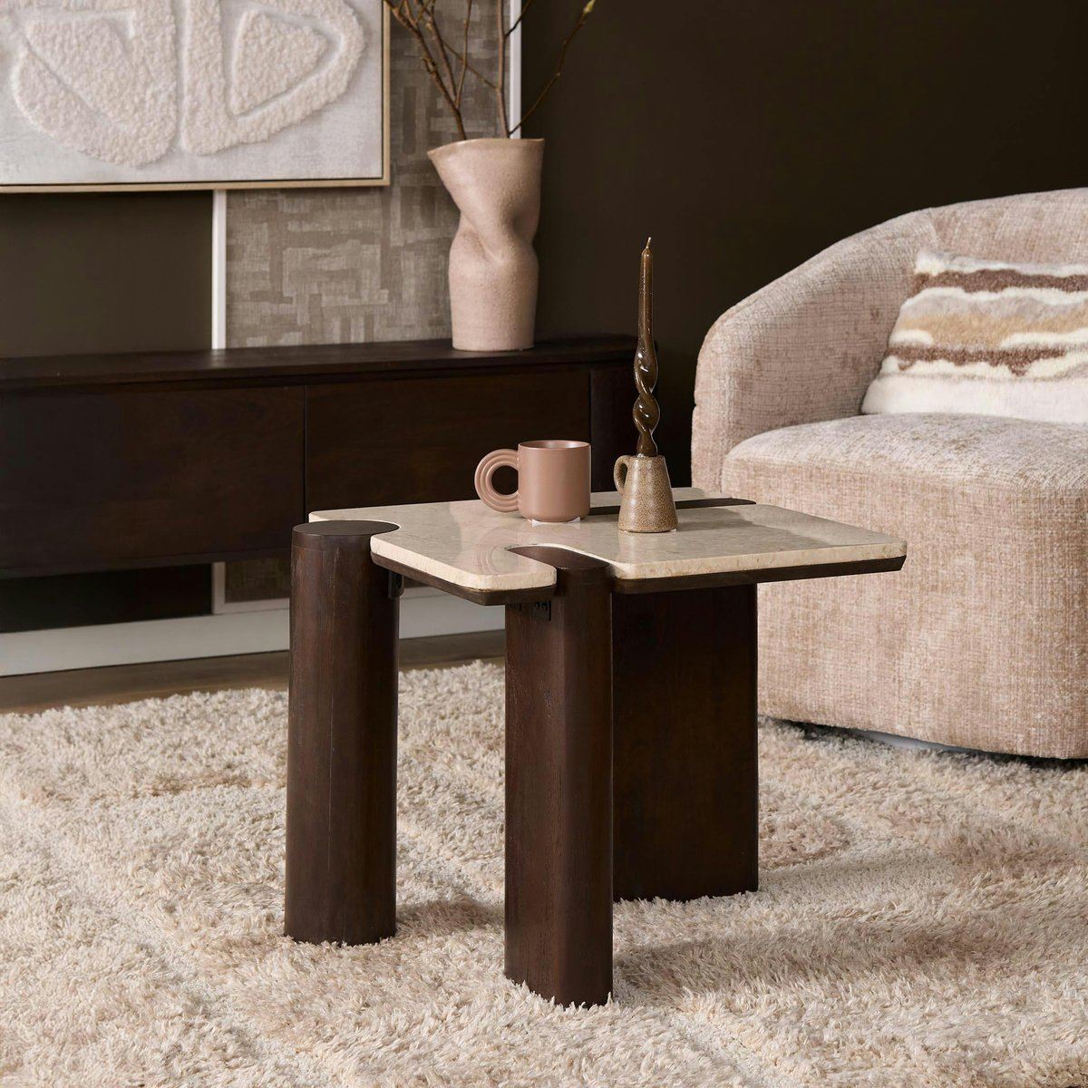 Table d'appoint marbre et bois style puzzle DUOMO beige, PIER IMPORT