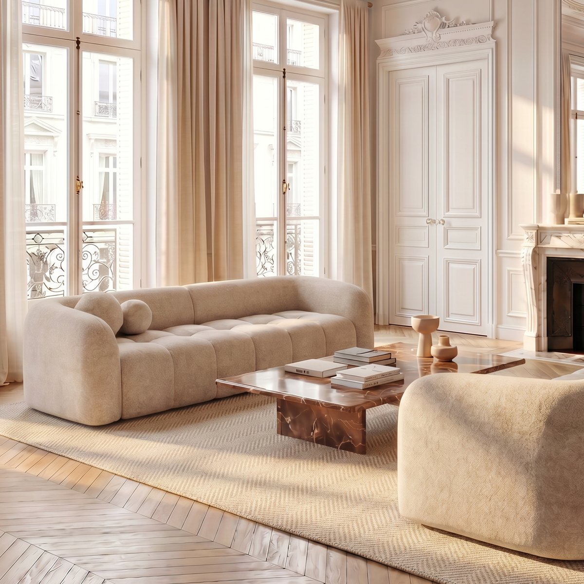 Canapé 3 places en velours texturé HAUSSMANN beige, SIA HOME