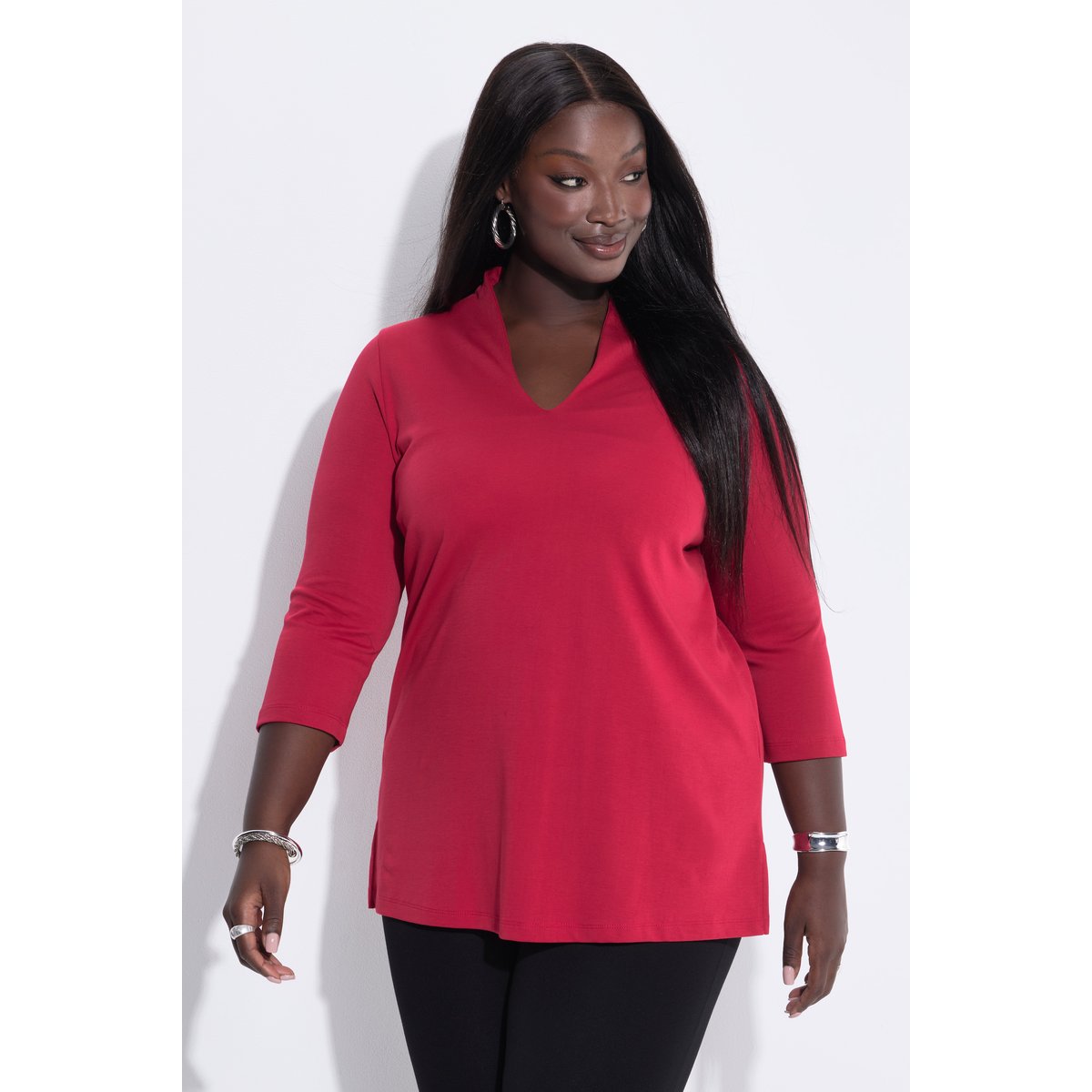 T-shirt à manches 3/4 et col calice en coton rouge cerise, ULLA POPKEN