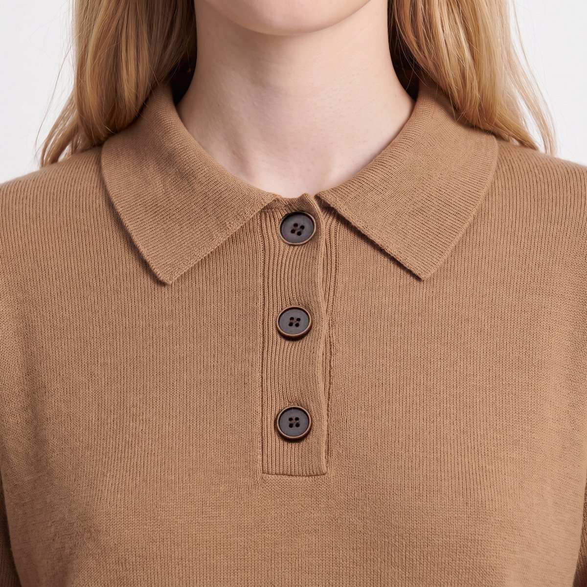Pull coupe droite col polo boutonné maille douce FLERIE beige, ARTLOVE