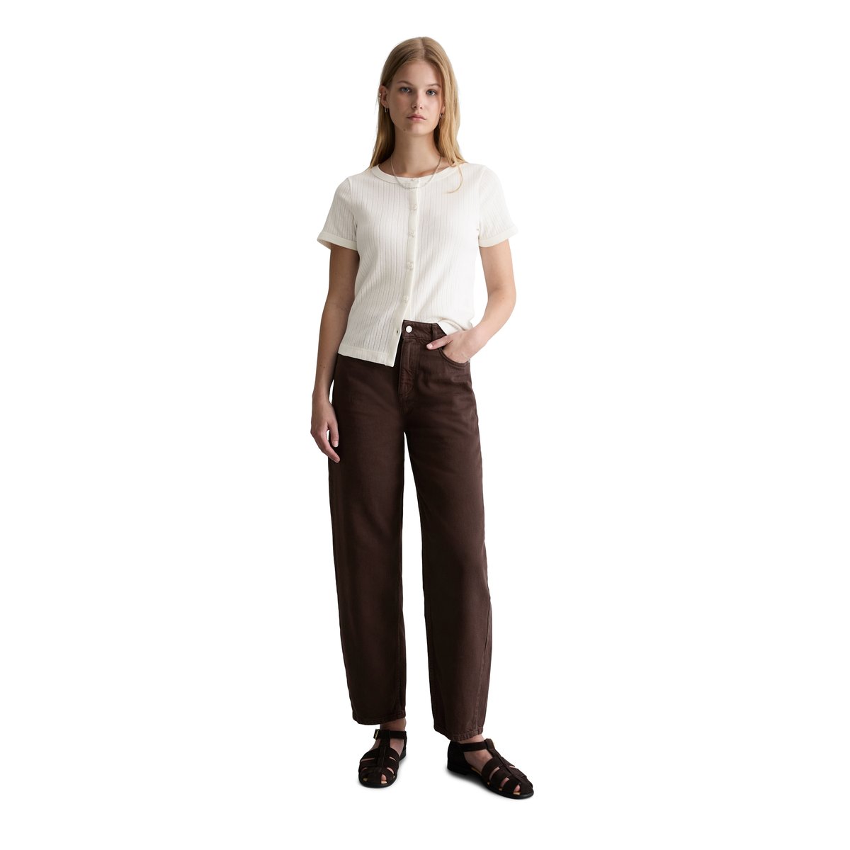 Jeans modèle Stine barrel cropped en denim rigide dunkelbraun, MARC O’POLO DENIM