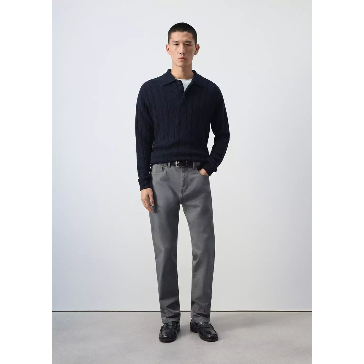 Pull polo 100 % laine maille torsadée bleu marine, MANGO MAN